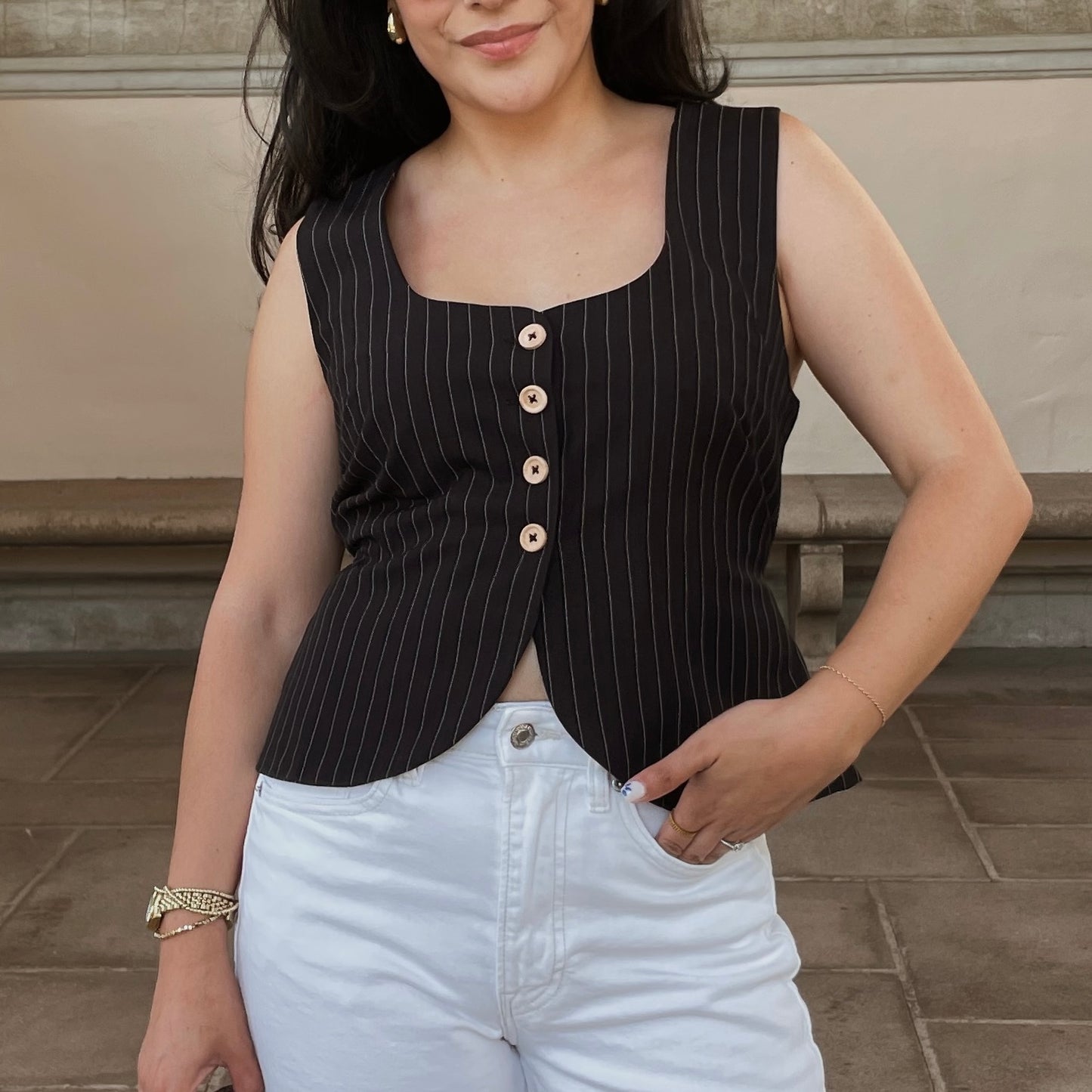 Delina Pin Stripe Button Up Top - Black
