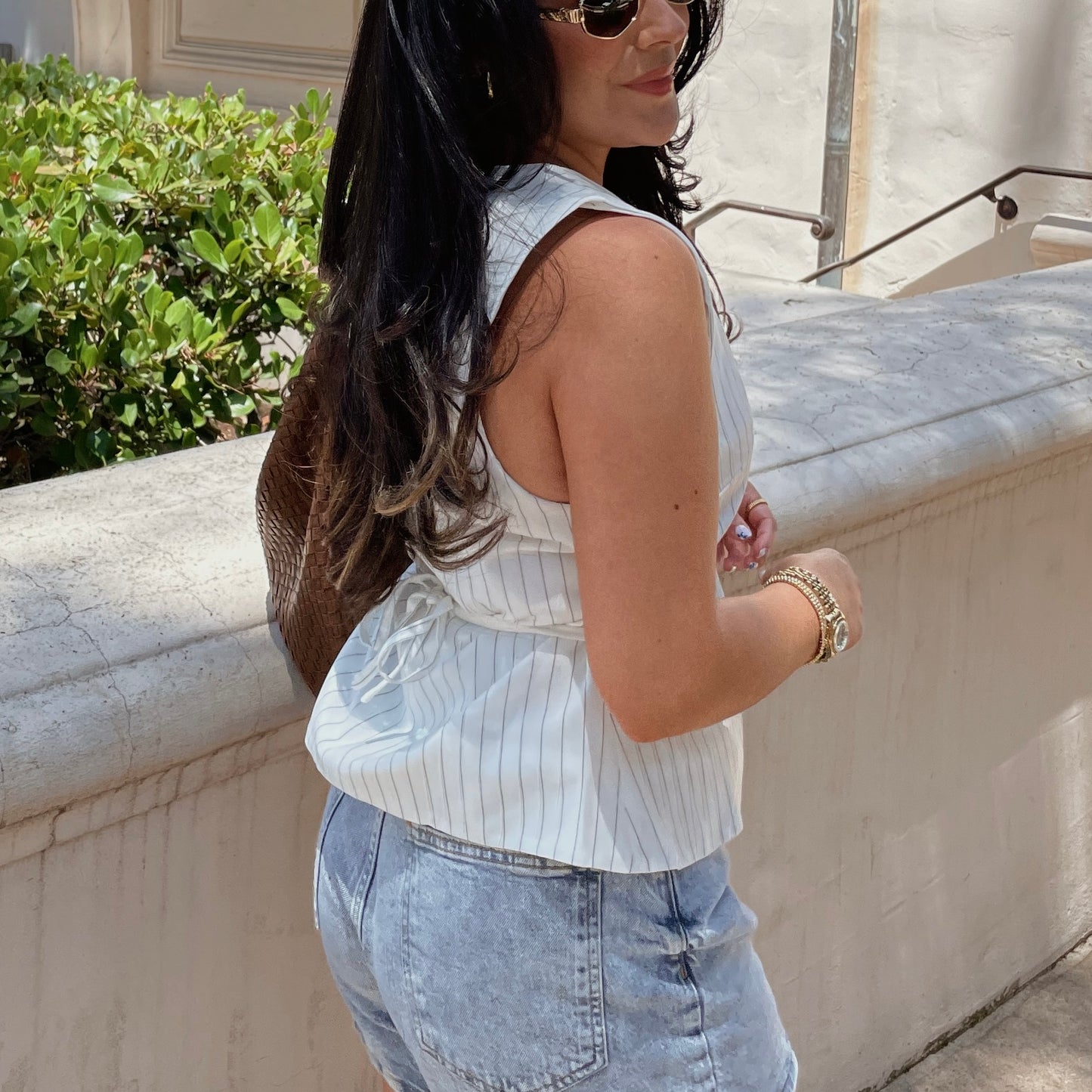 Delina Pin Stripe Button Up Top - White