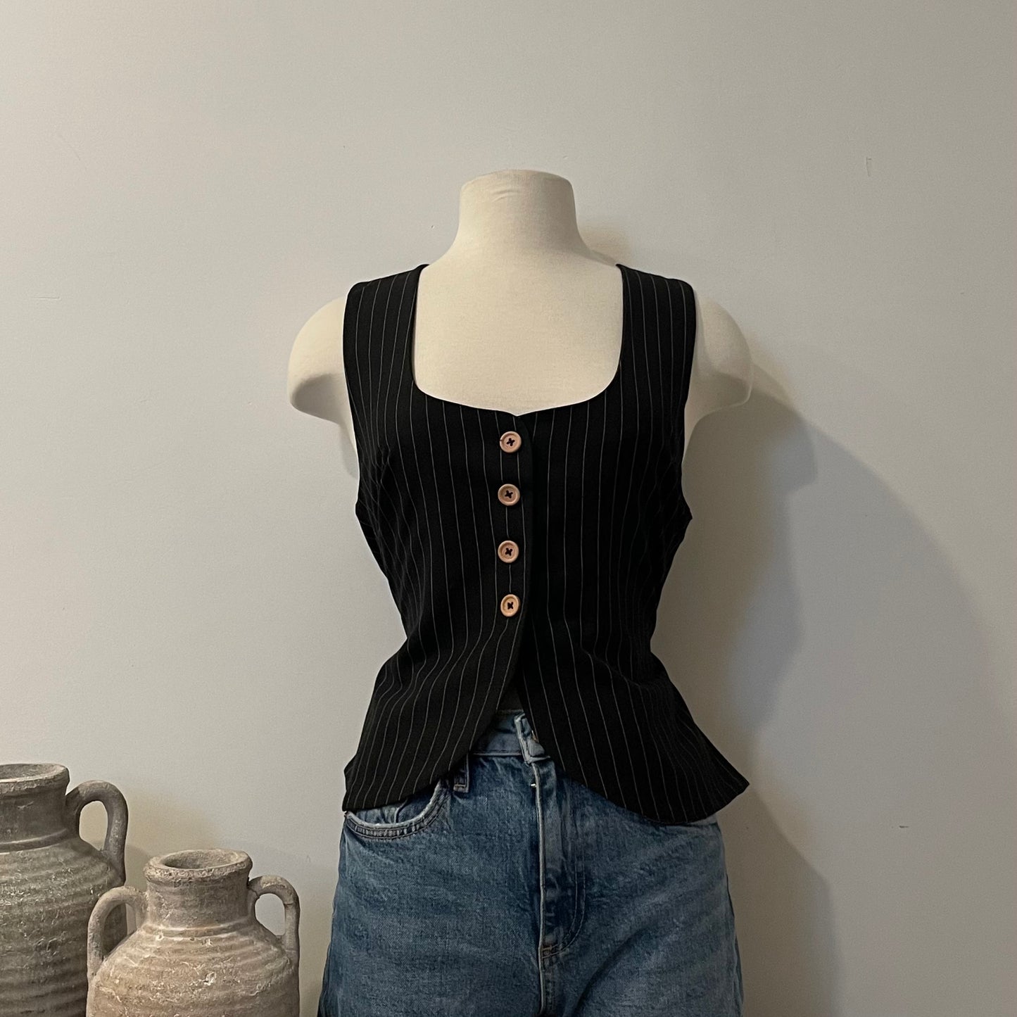 Delina Pin Stripe Button Up Top - Black