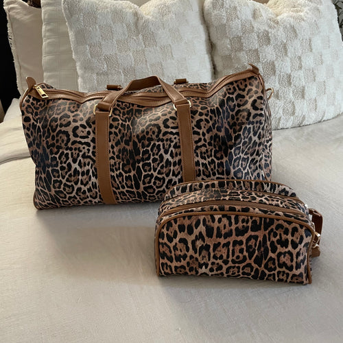 The Weekender Leopard Duffle Bag Set - Tan