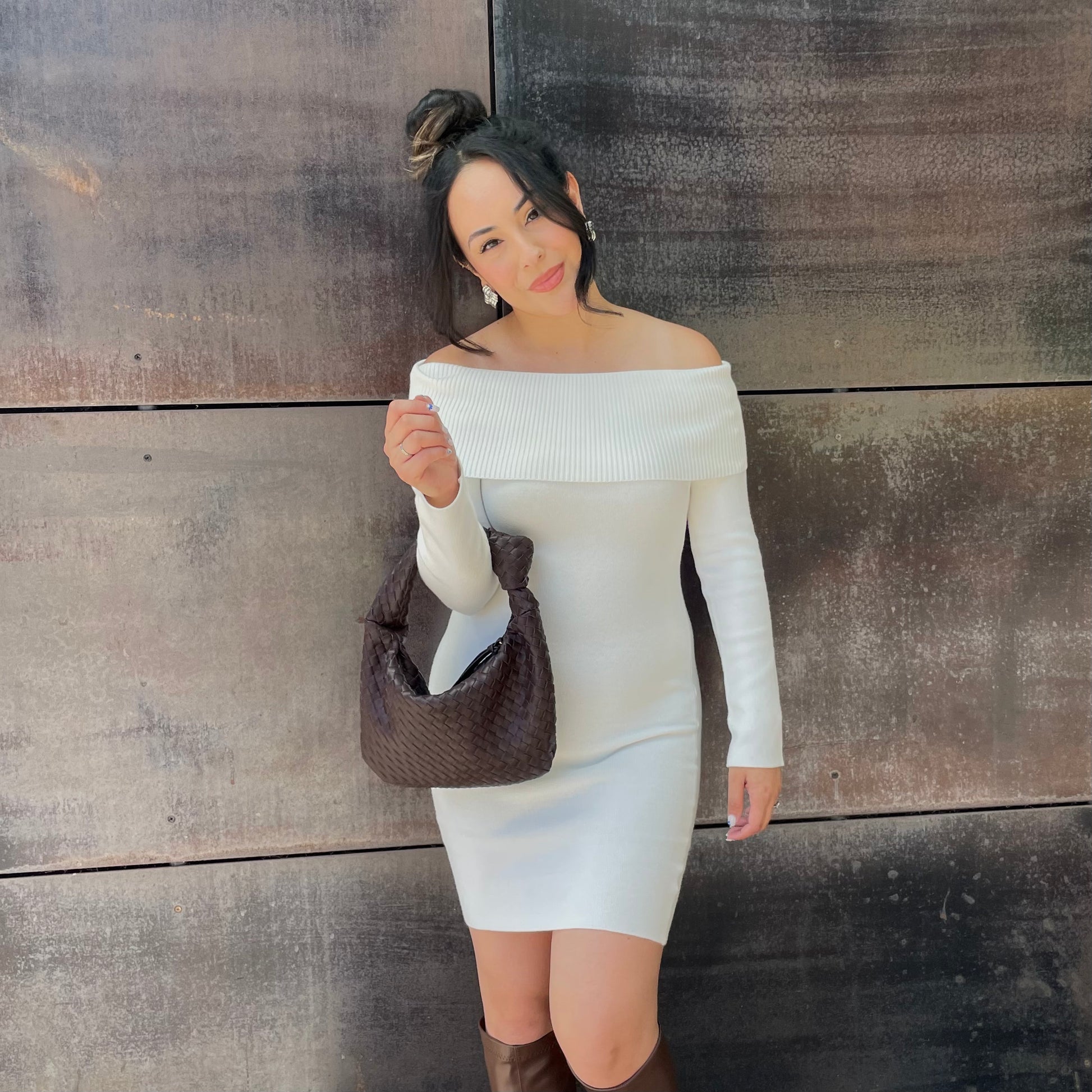 Cosy Up Off the Shoulder Knit Mini Dress Shop Del Carmen Cosy Up Off the Shoulder Knit Mini Dress Shop Del Carmen