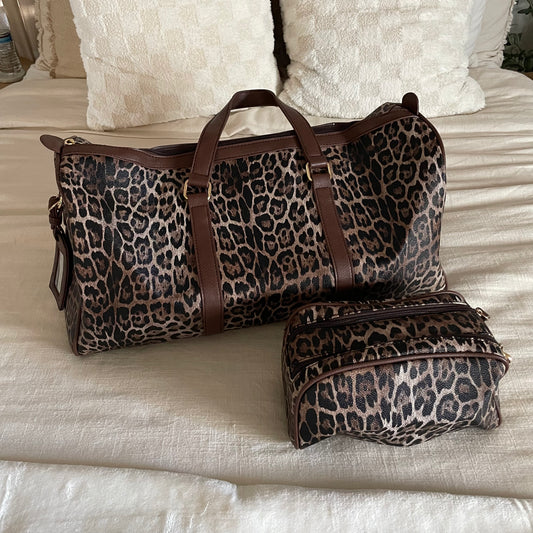 The Weekender Leopard Duffle Bag Set - Brown